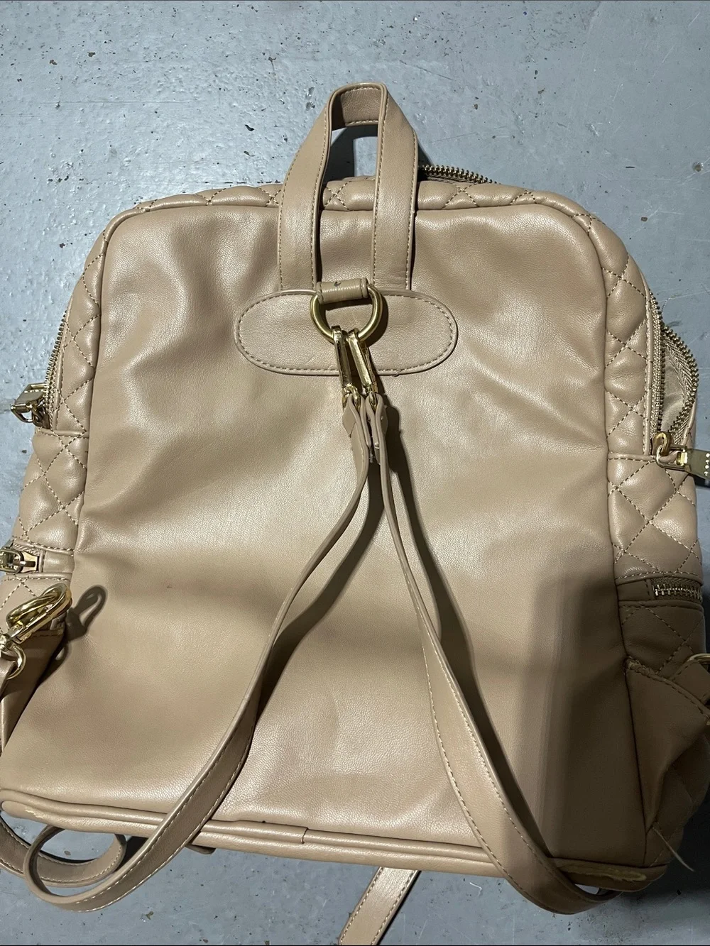 bebe Quilted Taupe Backpack with Gold Plate